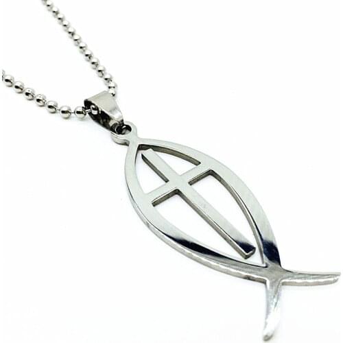1 Piece Jesus Christ Cross Fish Stainless Steel Fashion Jewelry Necklace with Steel Bead Chain for men and