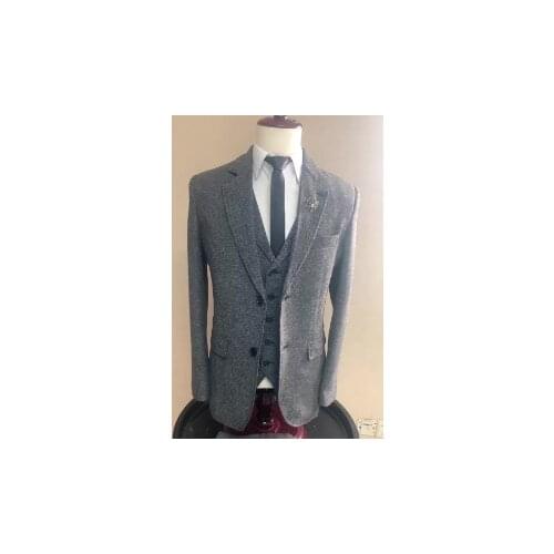 Gray Woollen Herringbone Men Suits for Wedding Groom Tuxedo 3 Piece Tweed Custom Fashion Set Jacket with Pants Waistcoat New