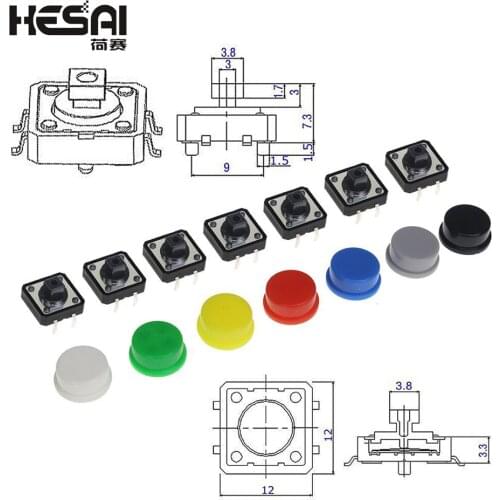 Tactile Push Button Switch Momentary 12*12*7.3MM Micro Switch Button + 5 Colors Tact Cap for DIY Kit