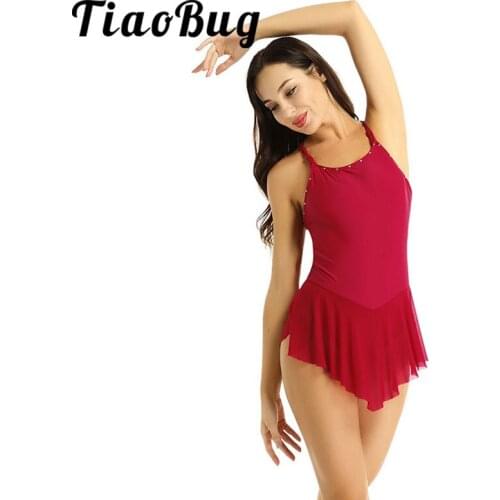 TiaoBug Women Figure Skating Dress Sleeveless Criss-cross Back Rhinestones Ballet Gymnastics Leotard Competition Dance Costume