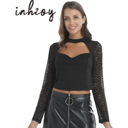 Vintage Casual Short Tops Women E Girl Goth T-Shirts Black Lace Long Sleeve Tee Shirt Elegant Ladies Zipper Sexy Gothic Tops