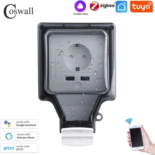 Zigbee Tuya IP66 Waterproof EU Socket 2 USB Charging Port Independent Control Timer Switch Programmable With Alexa Google Home