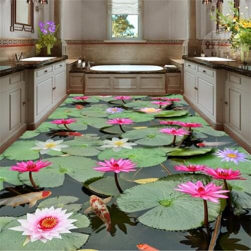 Wellyu Customized large floor thickened wear-resistant wallpaper beautiful lotus leaf lotus carp 3d floor tile background