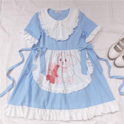 Japanese Soft sister Cute Rabbit Print Loose Dress Bowknot Bandage 2020 Summer New Sweet Apron Ruffle Doll collar Princess Dress