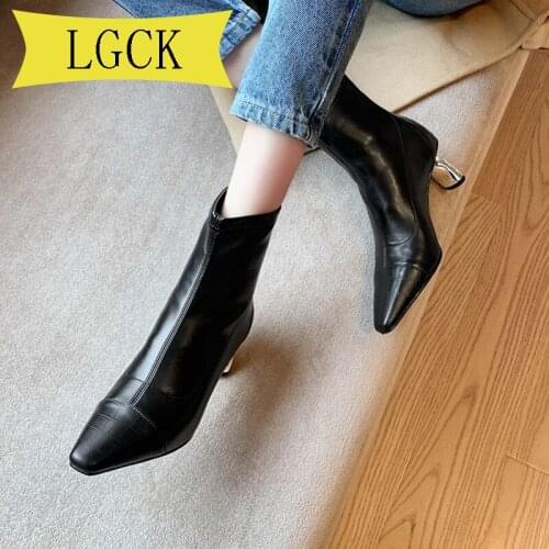 Plus Size 34-39 Autumn Winter Women Zipper Square Toe Boots Genuine Leather Woman Short Boots Women High Heels Simple Fashion