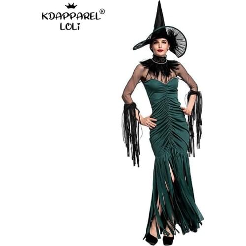 Halloween Women Costumes Witch Dress Stage Sexy Devil Vampire Bride Teens Girls Ruffles Tassels Slim Female Green Cosplay Party