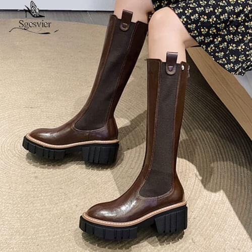 Sgesvier 2020 Genuine leather boots square heels round toe platform ladies shoes winter keep warm knee high boots black