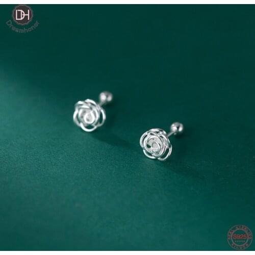 Dreamhonor 100% 925 Sterling Silver Simple Hollow Rose Flower Stud Earrings Brincos For Women Girl Gifts