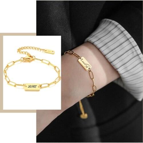 Womens Customized Name Initial Bracelet Gold Color Stainless Steel Metal Lara Rectangle Link Chain with K18 Stamp Accessory