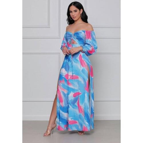 2021 Best Quality Famous Brand Dress Print Bandage Slash Neck Long Sleeve Summer Beach Maxi Dress Vestidos