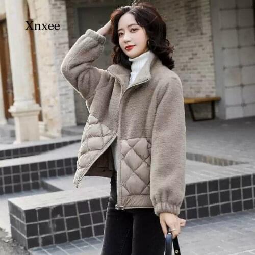 Women Zipper Patchwork Coat Cotton Padded Casual Stand Neck Light Thin Imitation Lamb Plush Long Sleeve Winter Wadded Jacket