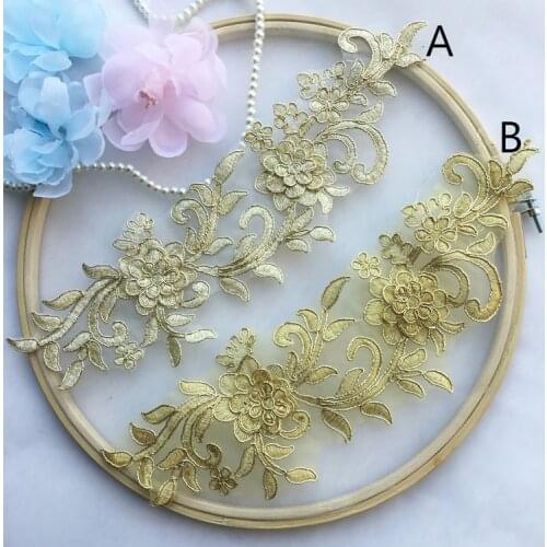 1Pair Gold Sequin Lace Fabric Appliques Embroidered Collar Mesh Sew Patch For Wedding Decoration Dress DIY Clothing Accessories