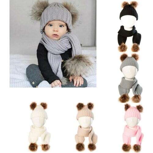 2Pcs Winter Baby Hat+Soft Scarf Kids Toddler Girls Boys Warm Cute Double Pompom Balls Baby Cap Scarf Beanie Newborn Hat
