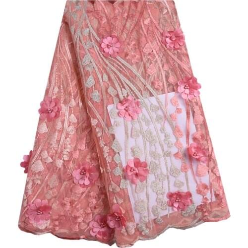 2018 New Style Peach French Net Lace Fabric 3D Flower African Tulle Mesh Lace High Quality Nigeria Lace Fabric For Wedding S1392