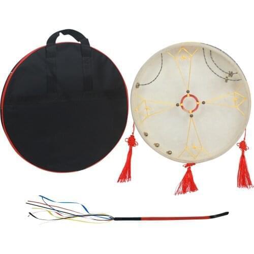 Shaman Drum Frame Hand Drum wood cow leather & old goat skin Traditional Chinese Percussion Instrument with Drum Bag Drum Whip