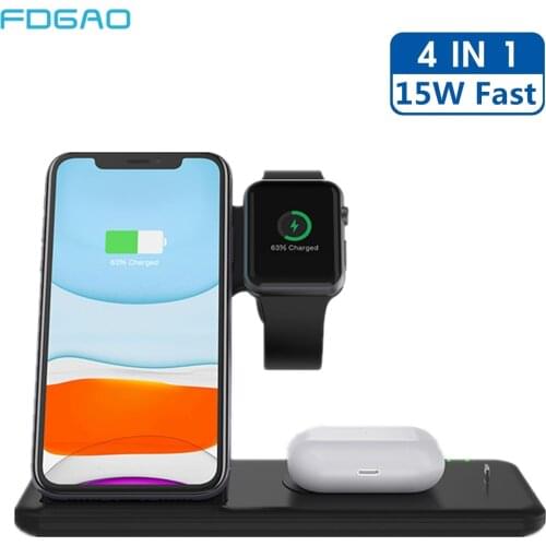 4 In 1 15W Wireless Charger Stand for iPhone X XS Max XR 8 11 Apple Watch 6 SE 5 4 3 2 Airpods Pro Qi Fast Charging Dock Station