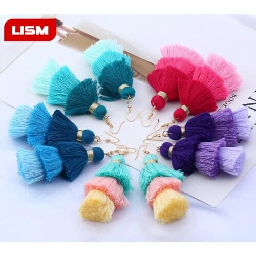 Bohemian Ethnic Summer Neon Tiered Long Tassel Earrings Women 3 Layered Fringe Earrings Ombre Stacked Tassels Dangle Earrings