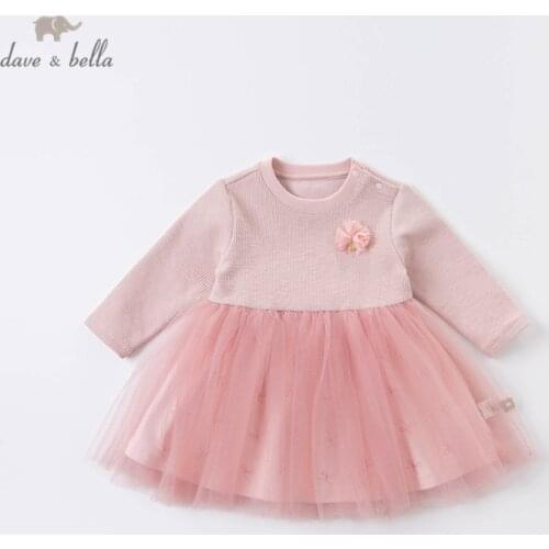 DBZ14949 dave bella autumn baby girls cute floral bow print mesh dress children fashion party dress kids infant lolita clothes