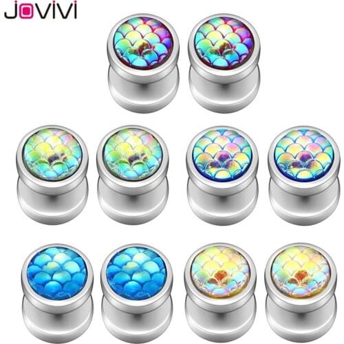 Jovivi Earring Studs Stunning Eye-Catching Scales 10mm Fake Ear Plugs Stainless Steel Men Women Barbell Round Stud Earrings