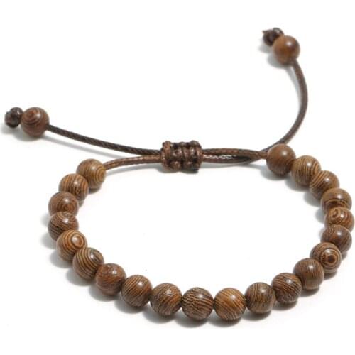 Trendy 8mm Natural Wooden Beads Rope Adjustable Tibetan Buddhist Meditation Rosary Bracelet For Men Women Bangles Jewelry Gifts