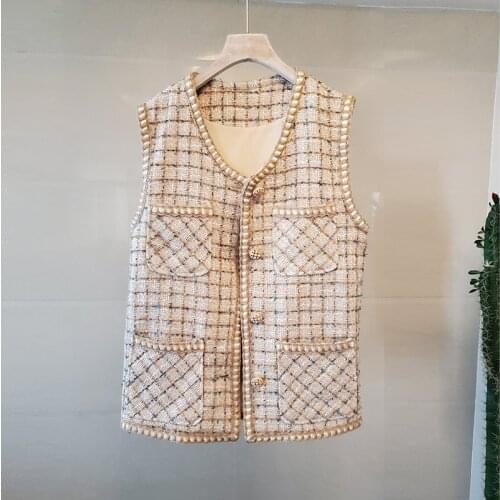 2021 Spring Summer New Small Fragrance Tweed Plaid Vests Jacket Womens Loose Coat Elegant V-Neck Single-Breasted Woolen Outwear