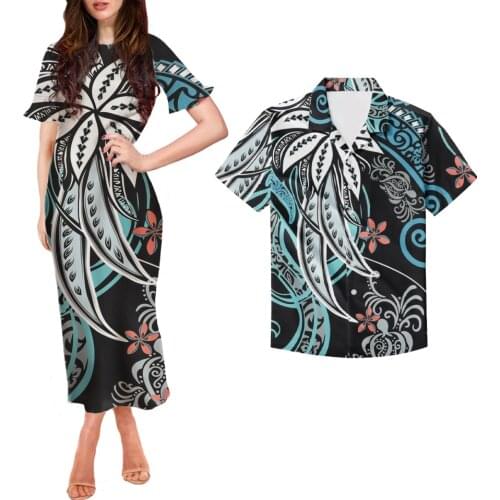 Couple Polynesian Clothing Womens Evening Dress Samoa Tribal New Dress Women Short Sleeve Maxi Dress Matching Men Shirts
