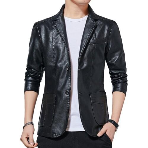 Faux Leather Coat Blazer Men Business Suit Jackets Male Slim Fit Solid Two Buttons Black Windbreakers Casual blazer hombre