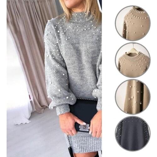 Cold Resistant Trendy Faux Pearl Decor Sweater Dress Autumn Winter Mini Sweater Dress Elastic Cuff for Outdoor