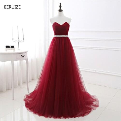 JIERUIZE Simple Burgundy Evening Dresses Long 2018 A-line Beaded Sash Prom Party Dresses Formal Dresses robe longue