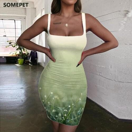 SOMEPET Psychedelic Dresses Women Raindrops Bodycon Dress Plant Halter Sleeveless Landscape Ladies Dresses Womens Clothing