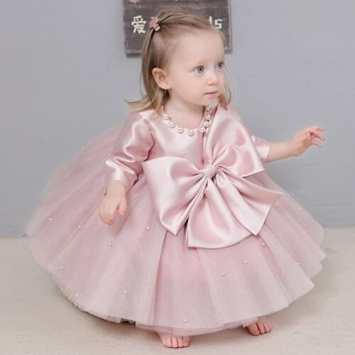 Pink Baby Girl Dresses For Party And Wedding Long Sleeve Beaded Bow Princess Children Baptism Christening 1st Birthday Ball Gown