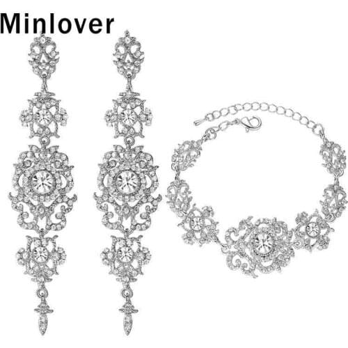 Minlover Flower Crystal Drop Earrings Bracelet Sets for Bridal Silver Color Party Wedding Jewelry Women Accessories EH182+SL031