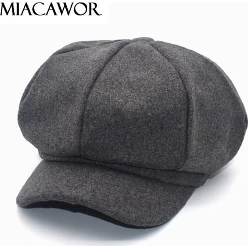 MIACAWOR New Wool Octagonal Hats For Women British Vintage Beret Hat Solid Color Hats Autumn Winter Casual Newsboy Caps C2