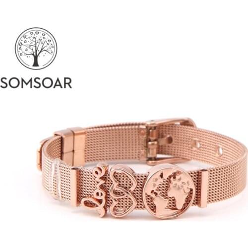 Somsoar Jewelry Rose Gold SOULMA WORLD Charm Bracelet Set TRAVEL EXPLORE LIVE Mesh Bracelet set with Map Charms for Women