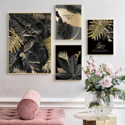 Nordic Black Grey Background Pictures Wall Decorative Posters Abstract Luxury Leaves Canvas Print Painting Art Aisle Room Decor