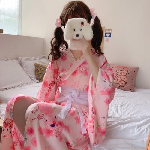 Japanese Style Traditional Kimono Soft Girl Sweet Cute Pink Cherry Blossom Kimono Bow Girdle Home Service Trend Loose Clothes