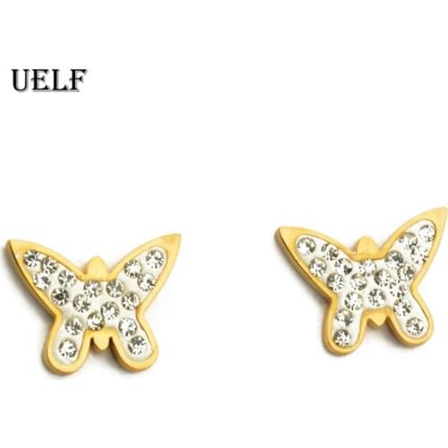 Uelf 2019 New Fashion Charm Gold Tone Crystal Rhinestone Butterfly Stud Earrings Jewelry Gift For Women Girl Pendientes Mujer