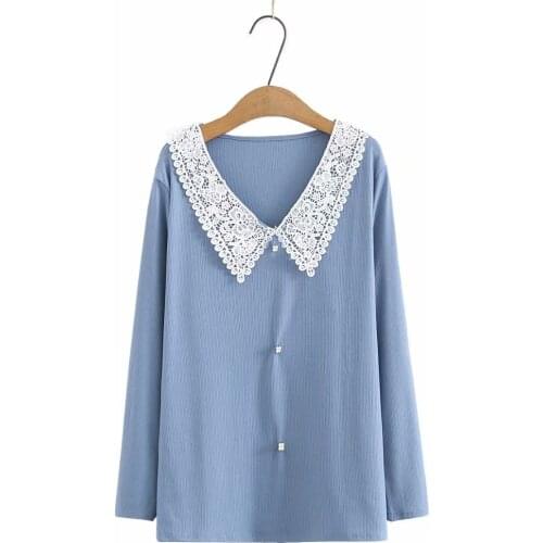 Plus size lace collar long sleeve women spring autumn t shirt 2021 ladies blue black pink tee shirt femme t-shirts