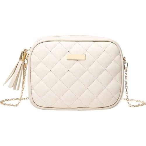 Womens Mini Tassel PU Messenger Bag Leather Camera Bag Street Solid Color Plaid Fashion Single Shoulder Bag Chain Bag New 2021