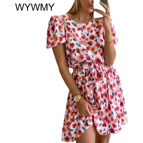 Floral Print Belt Summer Dresses For Women 2021 New Short Sleeve O-Neck A-Line Dress Casual Elegant Slim Dress Female Clothing