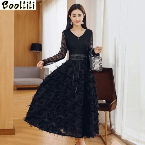Spring Dress for Women Temperament Black Dresses Korean Lace Long Sleeve V-neck Maxi Dress Elegang Party Night Dress Women