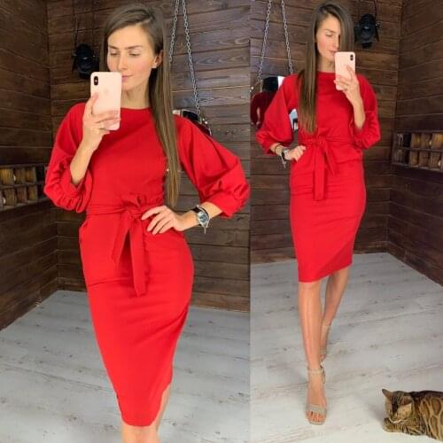 Women Vintage Lantern Sleeve Sashes Party Dress o Neck Solid Sheath Sexy Elegant Casual Dress 2020 Autumn Fashion Office Dress