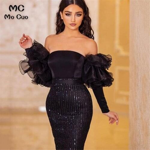 2021 Off Shoulder Sheath Evening Dresses Long Ruffles Short Sleeves Beaded Robe De Soiree Evening Party Prom Dress