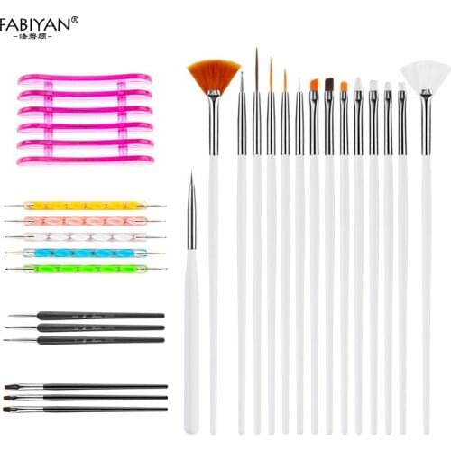 26pcs Nail Art Manicure Acrylic Gel UV Brush Dotting Liner Fin Flat Builder Design Painting Drawing Tools Set + Pen Holder Free