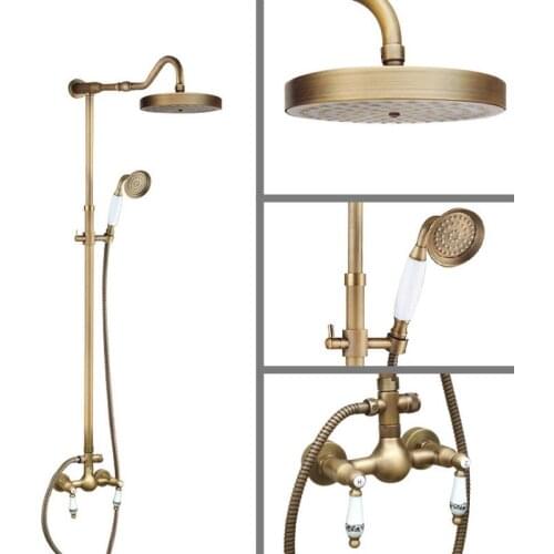 Antique Brass Wall Mounted Bathroom Rain Shower Faucet Shower Head Set Mixer Tap Dual Ceramic Handles Levers man509