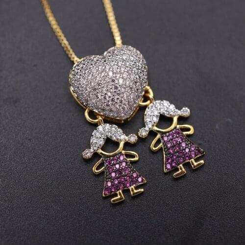 Multicolor Cubic Zirconia Love Heart Necklace Family Girl Boy Kids Pendant Gold Color Chain Necklaces Women Jewelry Accessories