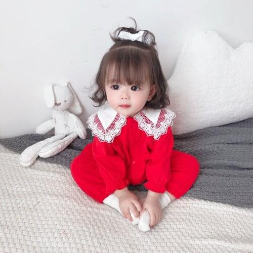 Korean Style Sweet Children Clothing Baby Girl Clothes Spring Autumn Floral Lace Peter Pan Collar Long Sleeve Baby Romper 0-18M
