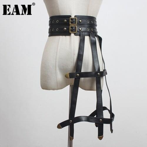 [EAM] Pu Leather Black Irregular Bandage Long Belt Personality Women New Fashion Tide All-match Spring Autumn 2021 1DC095