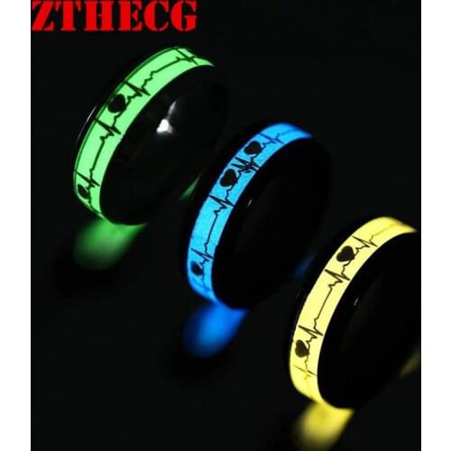 Trend Luminous Ring Stainless Steel Glow in the dark Jewelry Dragon Electrocardiogram Heart Love Wedding Rings for Women Men