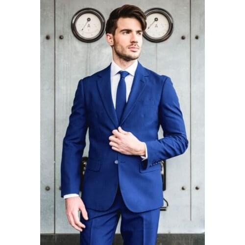 2021 Fashion Blue Men Blazer 2 Piece Groom Tuxedos For Wedding Formal Prom Suit (Jacket+Pants) Chic Streetwear Single Breasted